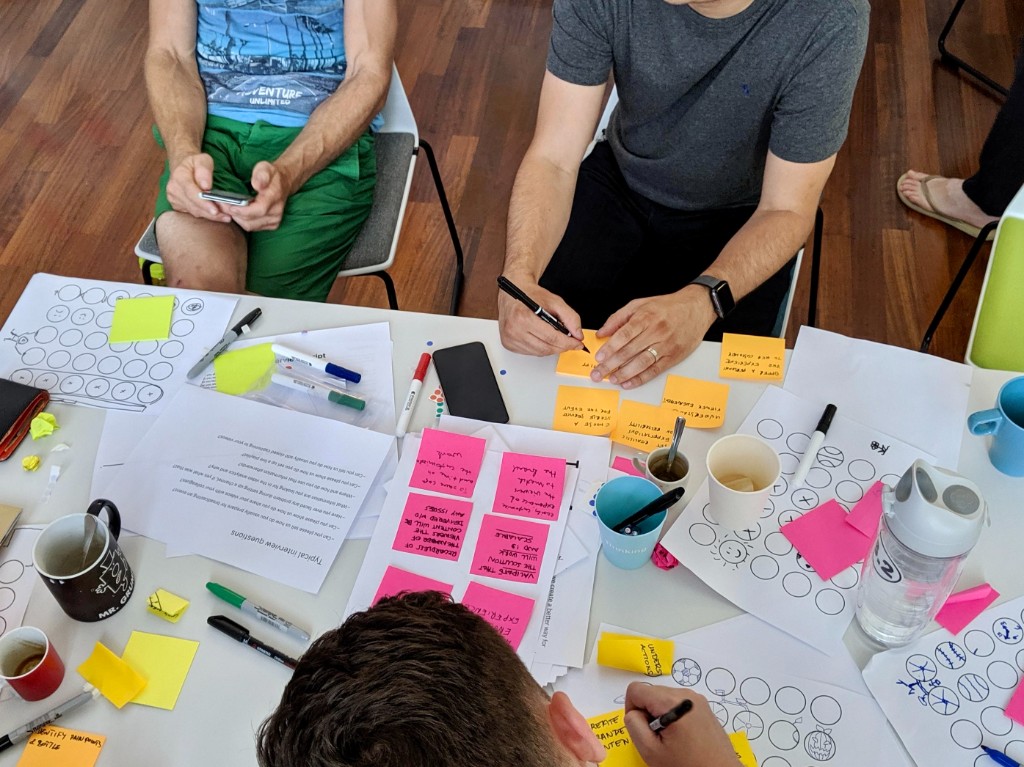 Overhead view of a collaborative design session with sticky notes and interview question sheets on a table